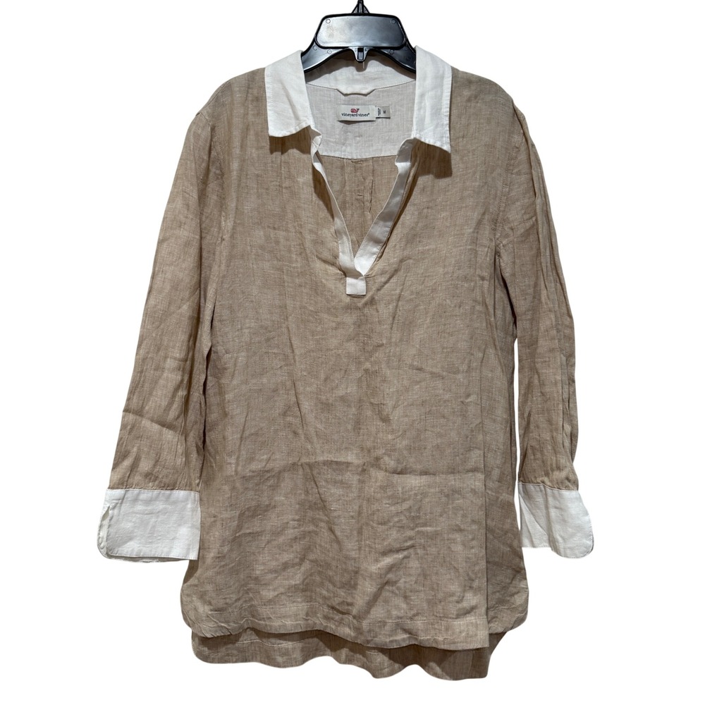 Vineyard Vines Contrast Linen Lucaya Tunic Top Tan White Medium M Coastal Preppy